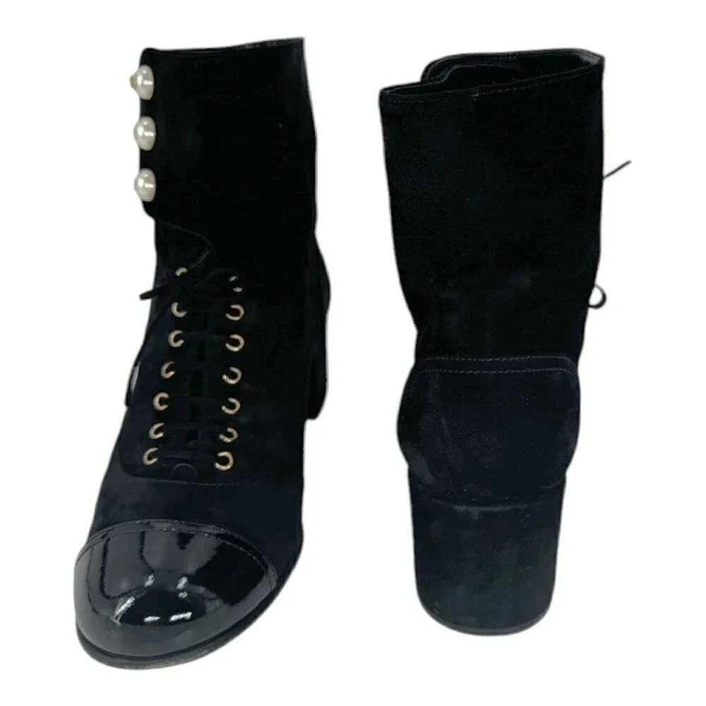 Chanel Suede Pearl CC Logo Patent Cap Toe Short Boots - Picture 6 of 16
